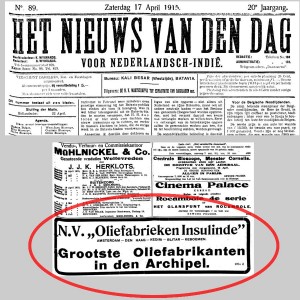 Iklan NV.Oliefrieken Insulinde, muncul di halaman 7 koran berbahasa Belanda "HET NIEUWS VAN DEN DAG VOOR NEDERLANDSCH-INDIË." terbitan Kebon Sirih, Sabtu 17 April 1915